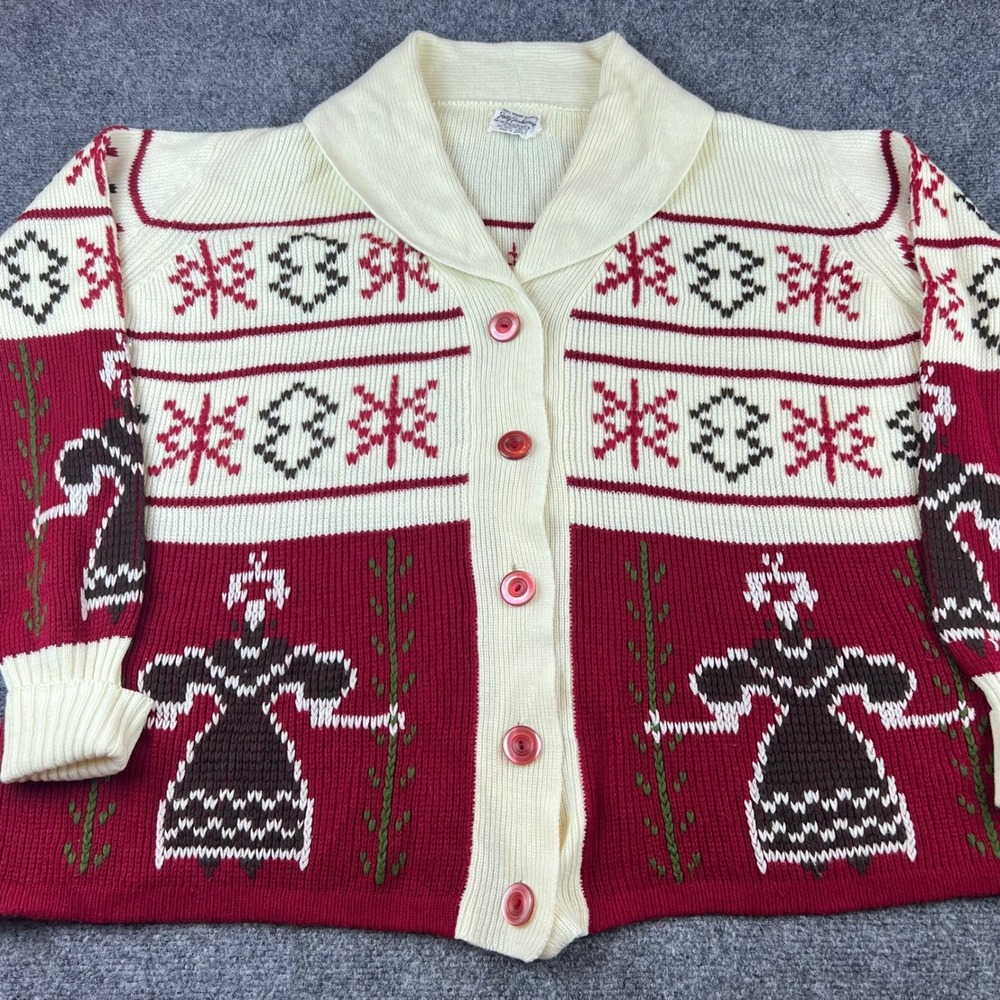 VTG Folk Art Cardigan Sweater Red Dutch Girl Snowflake Cottagecore Grandpa Large